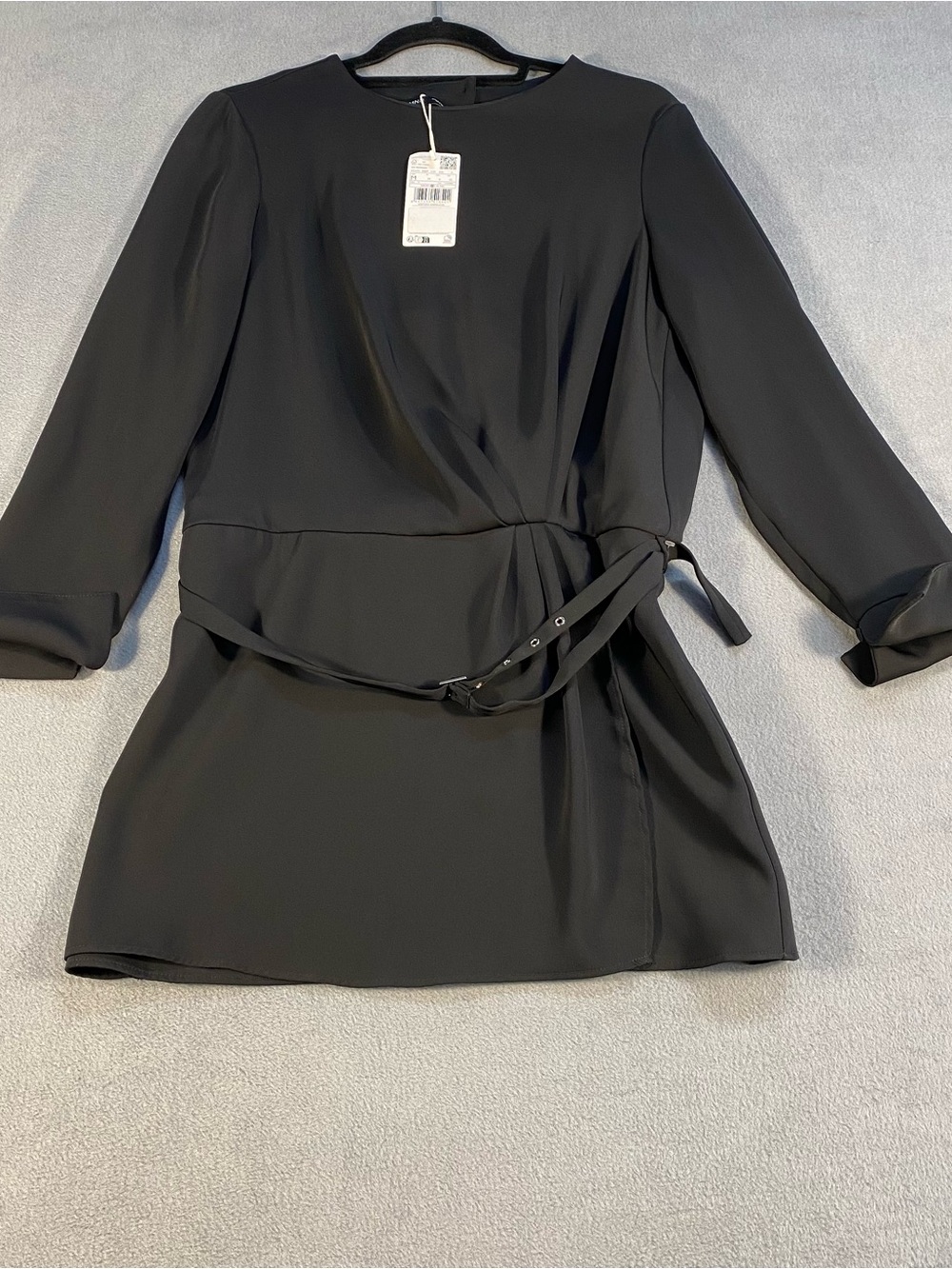 MNG women’s Black Long-Sleeve Wrap-Style Waist Mini Dress with Belt, size 6